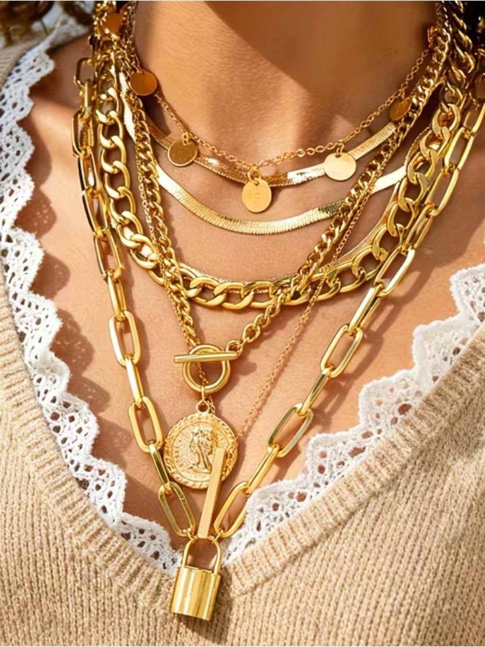 6 Layers Coin & Padlock Necklace Gold Set Modern Trending New